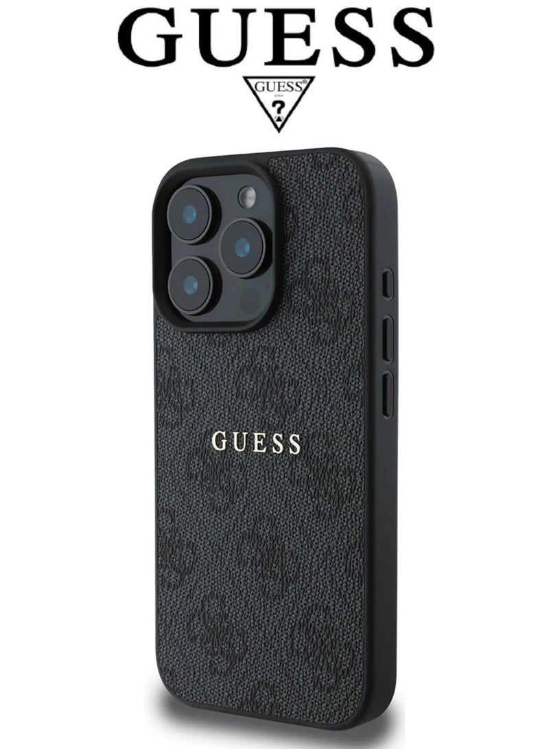 CG MOBILE IPhone 16 Pro Max cover,supports MagSafe wireless charging, with a logo and a leather French design certified in partnership with GUESS and CG MOBILE. In Black - Image 2